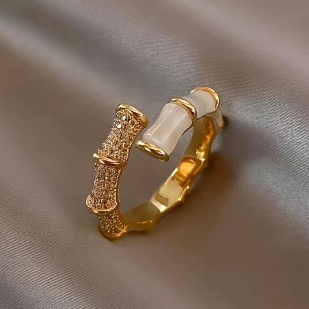 Geometric Bamboo Shaped Ring with Opal  Gemstone Adjustable